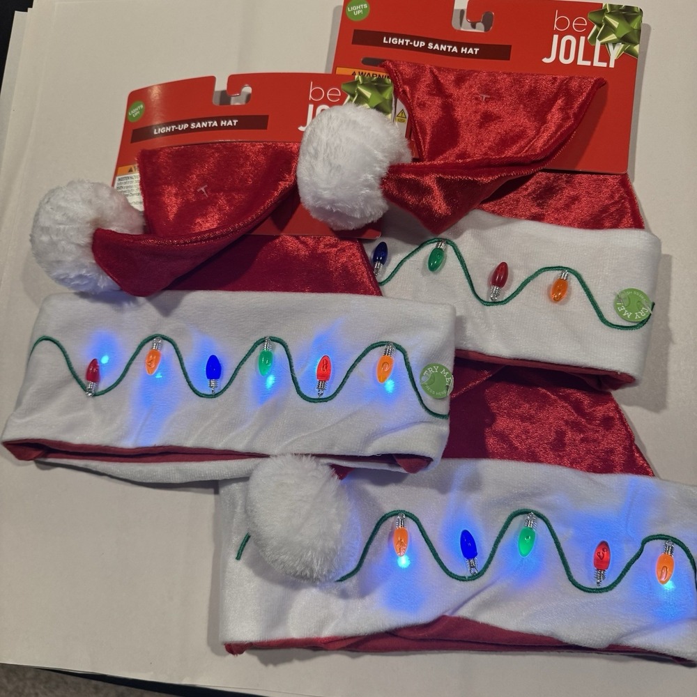 3 Be Jolly Light Up Santa Hats With Christmas Bulb Lights ~ Read